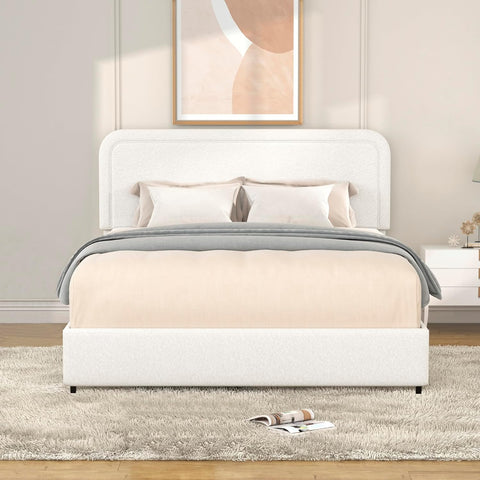 Upholstered Bed with Storage,Queen Size Platform Bed Frame with 2 Drawers,Curved Stitched Tufted Headboard, Wooden Slat Mattress Support No Box Spring Needed Easy Assembly, Ivory Boucle