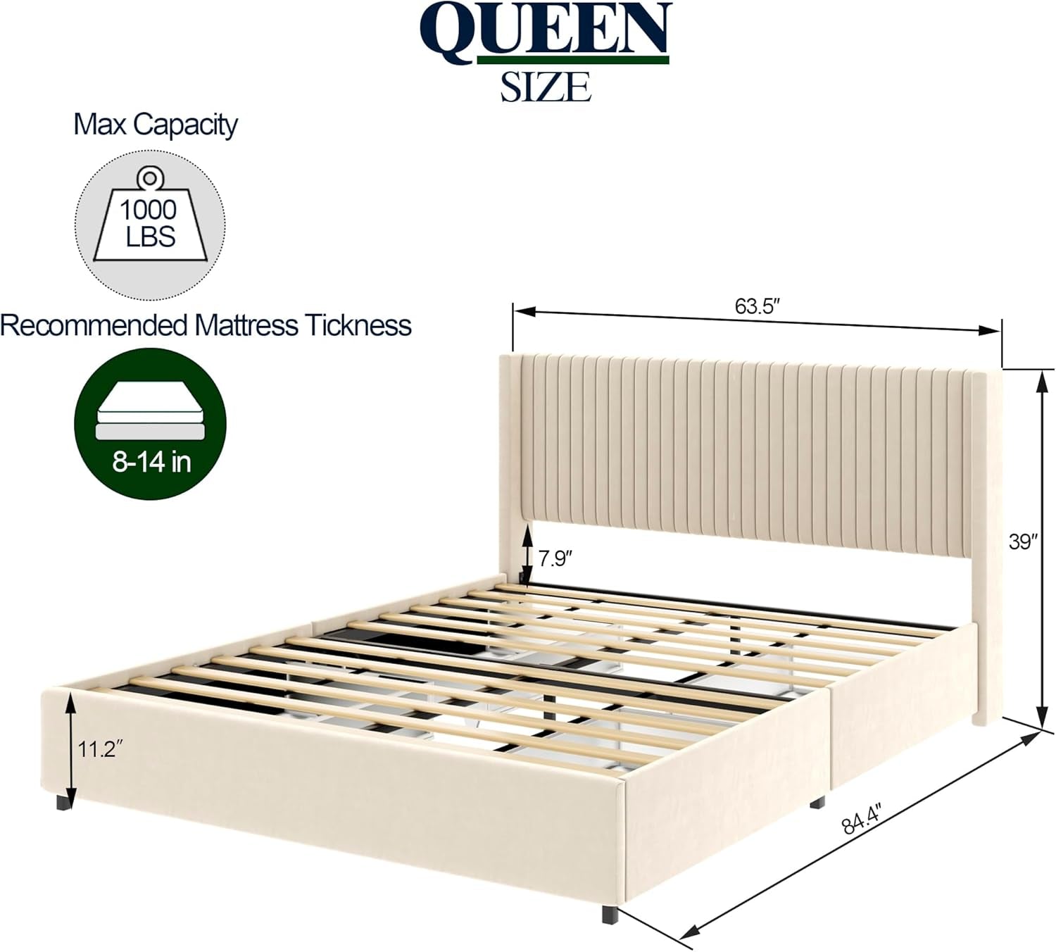 Upholstered Bed with Storage,Queen Size Wingback Platform Bed Frame with 4 Drawers, Modern Design Headboard, Wooden Slat Mattress Support No Box Spring Needed Easy Assembly, Ivory Velvet