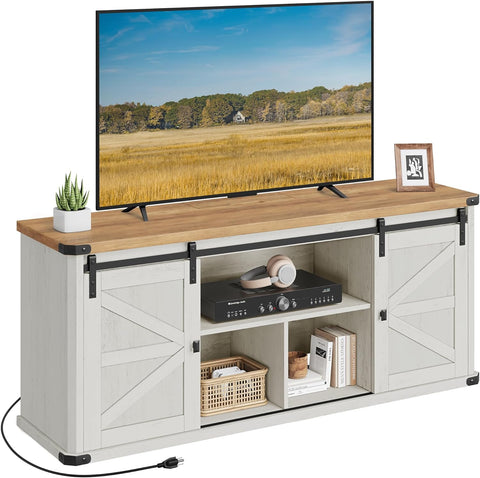 TV Stand for Tvs up to 65 Inches, Farmhouse Entertainment Center with Sliding Barn Doors, TV Console Table for Living Room, Rustic White and Honey Brown ULTV324W73