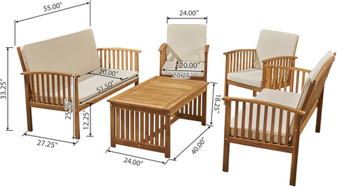 Carolina Outdoor 5-Piece Acacia Wood Sofa Conversation Set, 26.50 "W X 55.00 "D X 33.50 "H, Brown + Cream