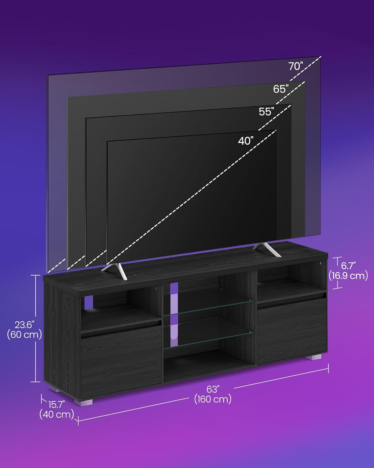 TV Stand with LED Lights for Tvs up to 70 Inch, Entertainment Center with Open Glass Shelves, 2 Cabinets with Doors, 63-Inch Long, TV Console for Bedroom Living Room, Black ULTV330T21