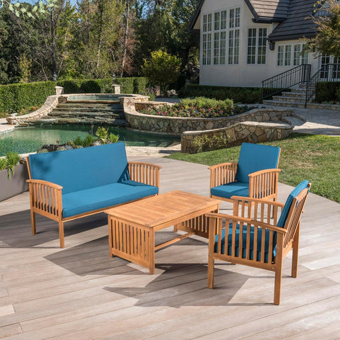 Carolina Outdoor 4 Piece Patina Acacia Wood Sofa Conversation Patio Furniture Sets with Cushions, 27.50" D X 24.00" W X 33.25" H, Dark Teal/Brown