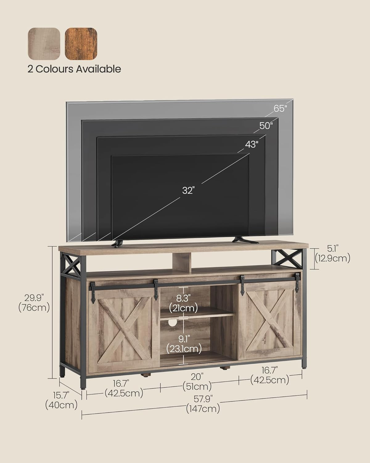 TV Stand for 65 Inch TV, Entertainment Center, TV Table and Console, TV Cabinet with Adjustable Shelves, Industrial Design, Camel Brown and Black ULTV071B50