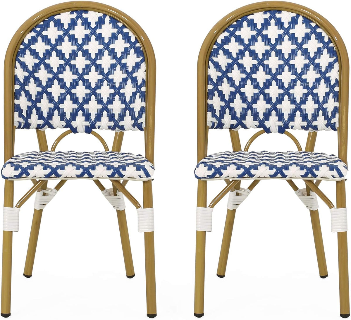 Anastasia Outdoor French Bistro Chair (Set of 2), Blue + White + Bamboo Print Finish