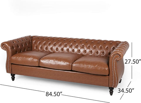 Stephanie Traditional Chesterfield 3 Piece Living Room Set, Cognac Brown, Dark Brown