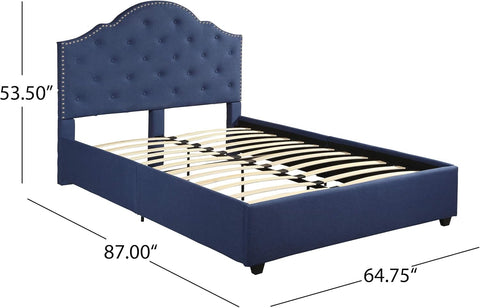 Gentry Queen-Size Bed Frame Fully-Upholstered Button-Tufted Navy Blue