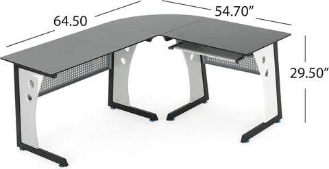 Oria L-Shaped Office Desk with Tempered Glass Top, Black / Grey