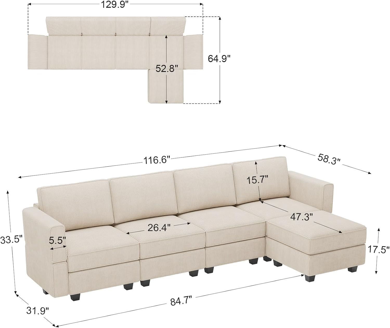 Modular Sectional Sofa L Shaped Couch with Reversible Chaise Modular Sectional Couch 4 Seat Modular Sofa with Storage Ottoman(Beige, L Shape Sofa)