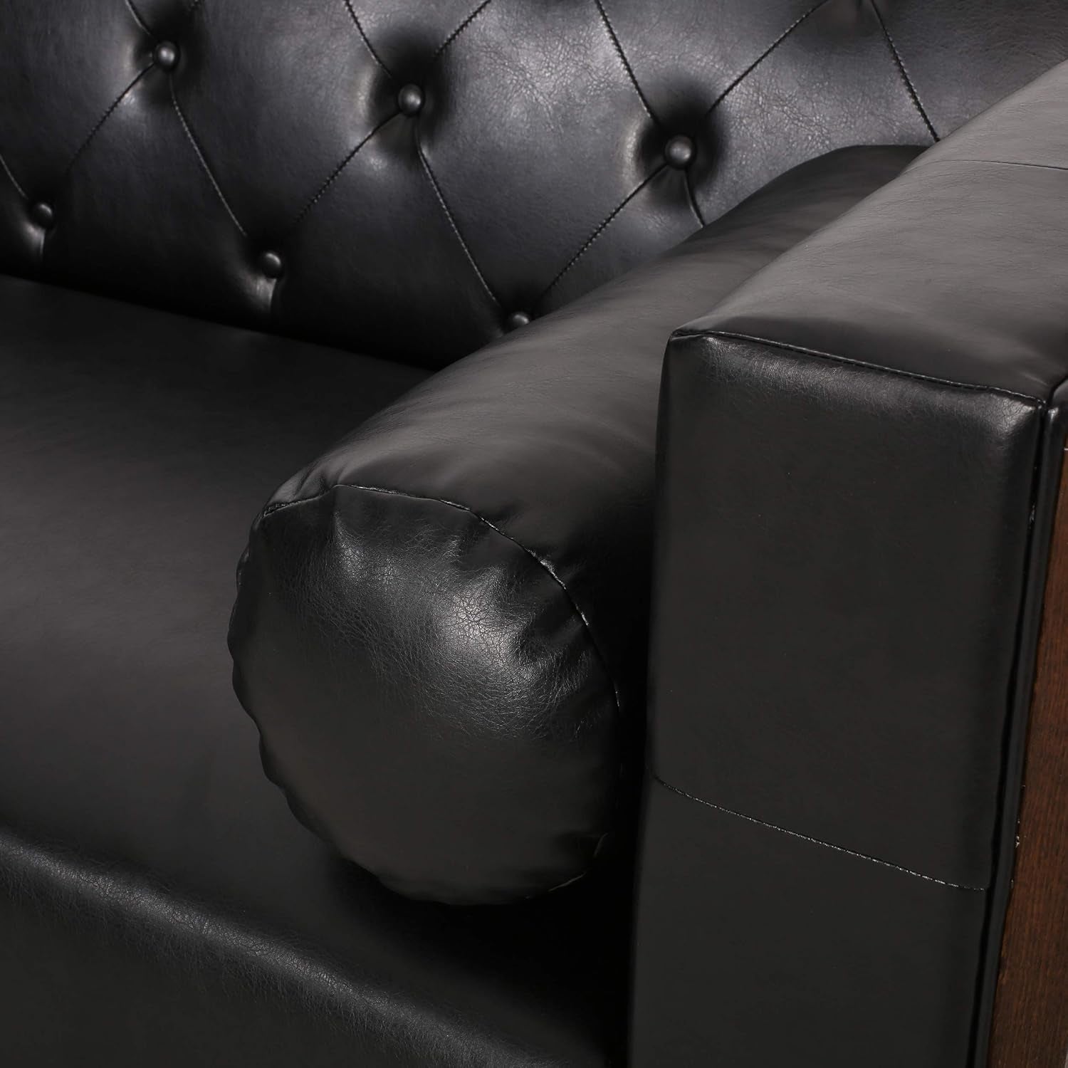 Solomon Contemporary Tufted Deep Seated Sofa with Accent Pillows, Midnight Black and Espresso