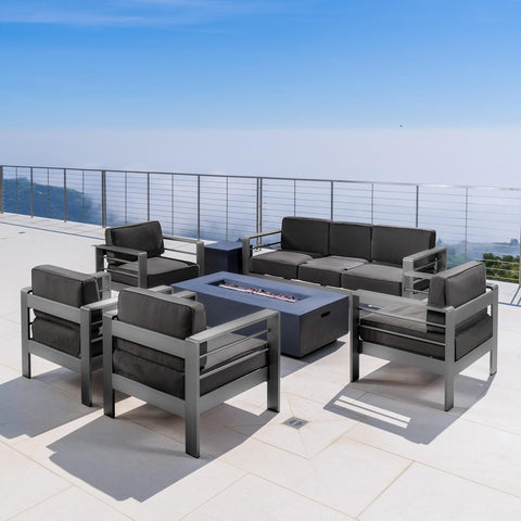 Cape Coral Outdoor Aluminum 7 Piece Conversation Set with Water Resistant Cushions and Rectangular Fire Table, 76.25 "W X 27.50 "D X 24.6 "H, Dark Gray + Gray