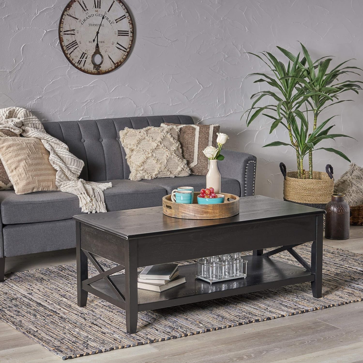 Laurel Luke Farmhouse Faux Wood Lift Top Coffee Table, Black, 23.75 in X 48 in X 19.5 In