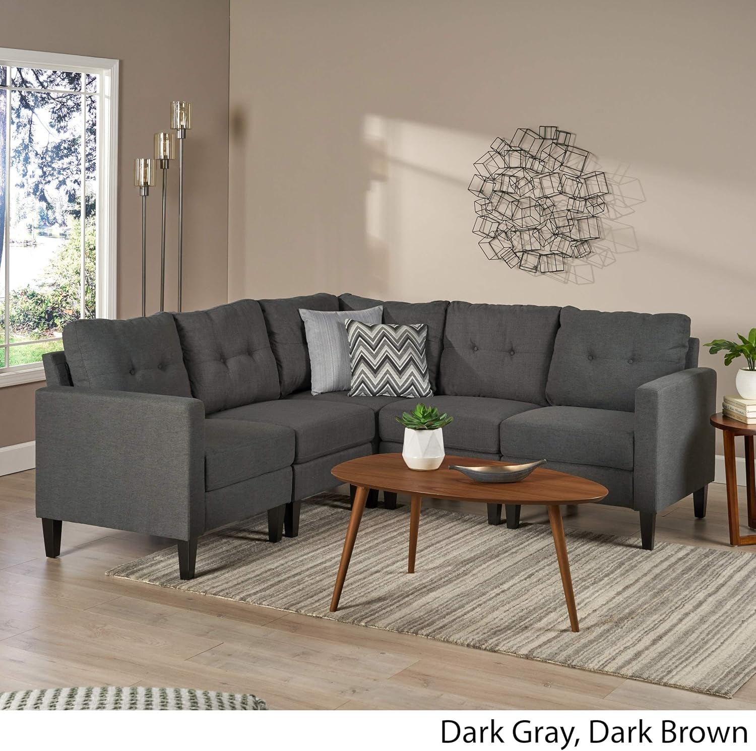 Emmie Mid-Century Modern 5-Piece Sectional Sofa, Dark Grey / Dark Brown