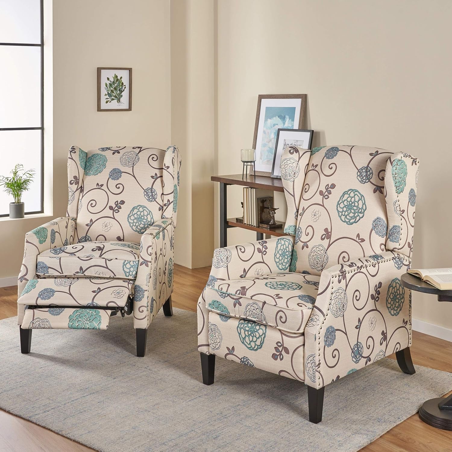 Ellyn Fabric Recliner (Set of 2), Light Beige with Blue Floral, Dark Brown