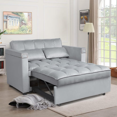 3 in 1 Multi-Functional Convertible Sleeper Sofa Bed, Modern Loveseat Sofa Couch Velvet Pull Out Bed with Reclining Adjustable Backrest &Hidden Table for Apartment Living Room Bedroom,Grey