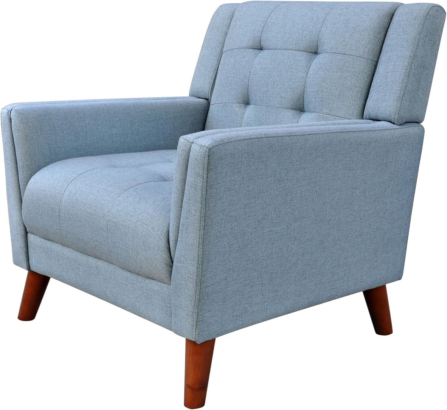 Alisa Mid Century Modern Fabric Arm Chair, Blue and Walnut