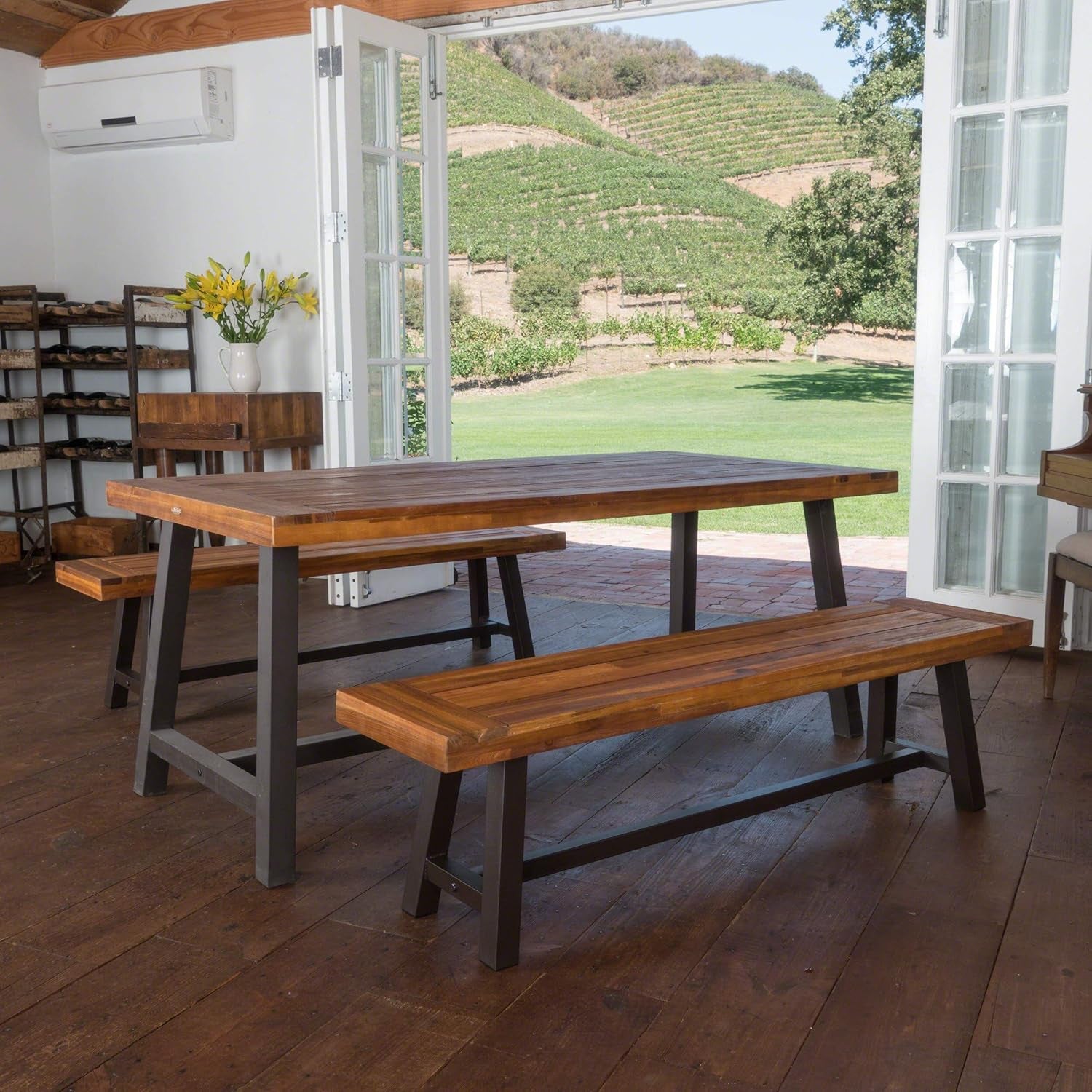 Bowman Wood Outdoor Picnic Table Set | Perfect for Dining, Brown + Black Rustic Metal