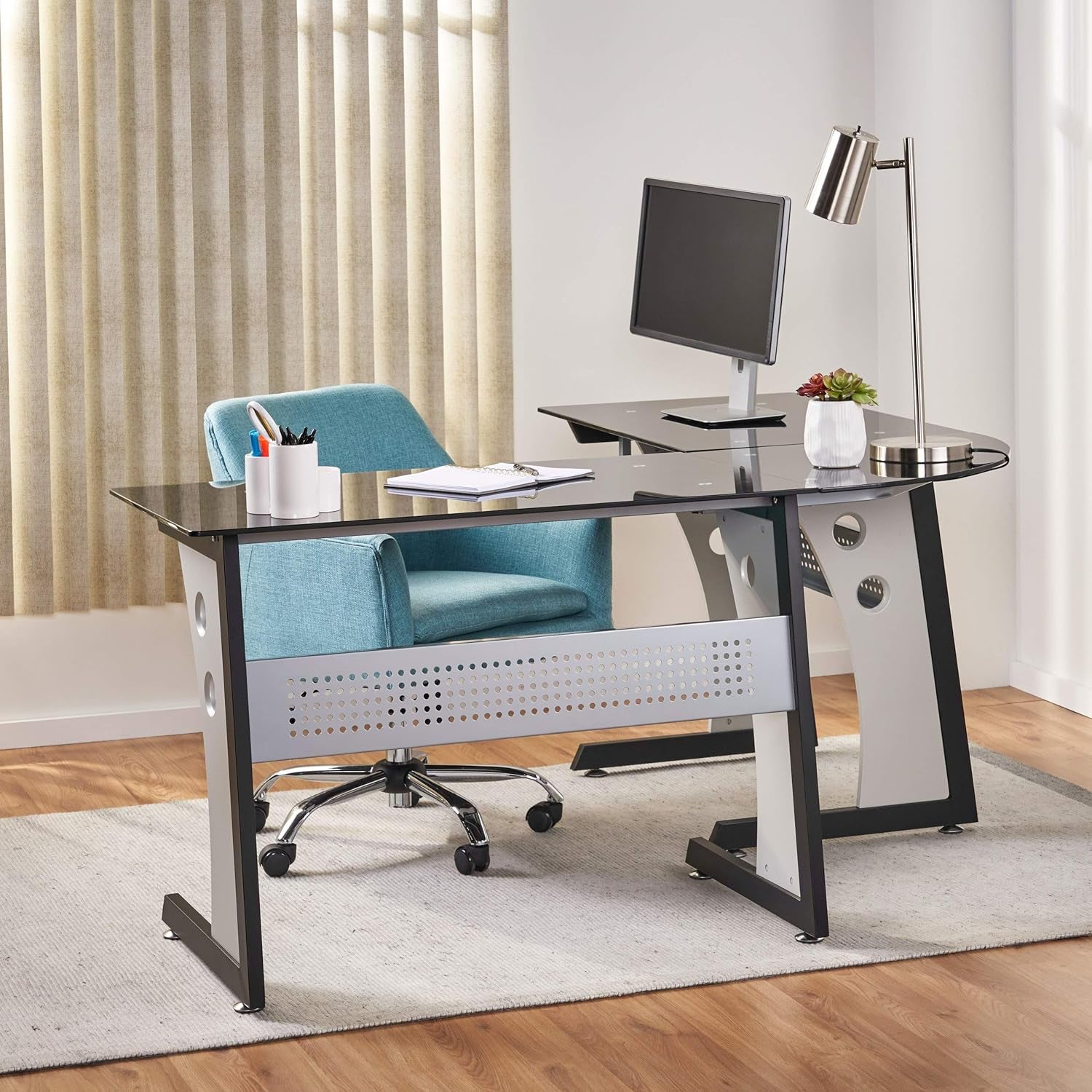 Oria L-Shaped Office Desk with Tempered Glass Top, Black / Grey