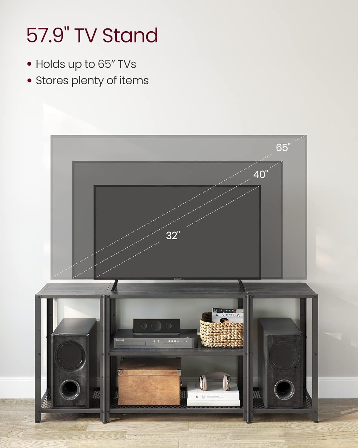 TV Stand for 65 Inches Tvs, Industrial Entertainment Center, Modern TV Console with Open Storage Shelves for Living Room, Bedroom, Black ULTV105B22