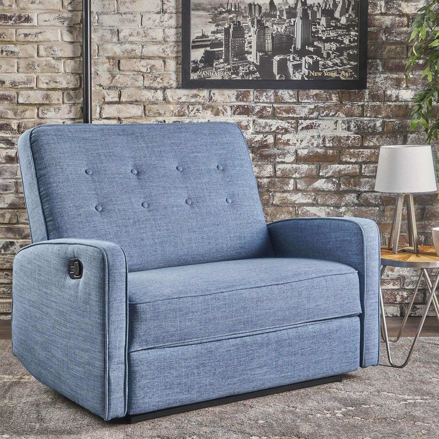 Gdfstudio  Calliope Buttoned Fabric Reclining Loveseat, Muted Blue / Black