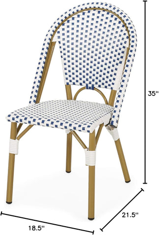 Philomena Outdoor French Bistro Chair (Set of 2), Blue + White + Bamboo Print Finish