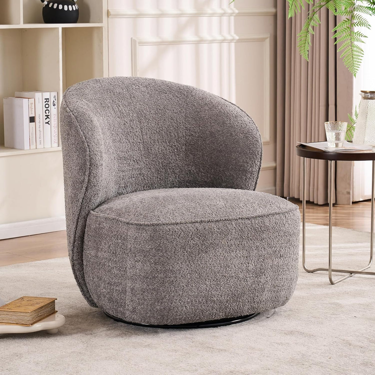 Kidol&Shellder Swivel Accent Chair Living Room Chairs Comfy Reading Chair for Bedroom Accent Chairs for Living Room Single Sofa Chair Modern Barrel Chairs Upholstered Side Boucle Chair(Gray,1)