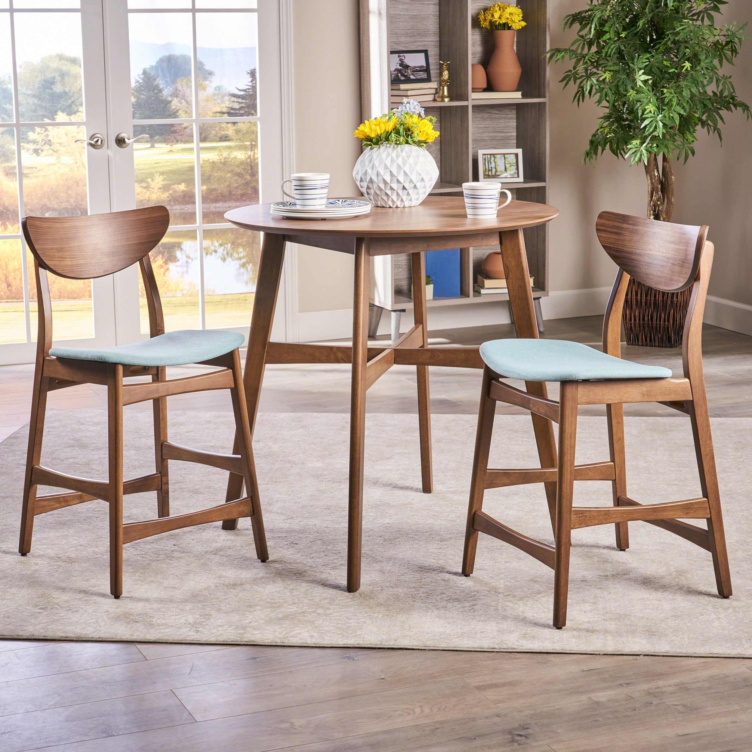 Cedric Mid Century Modern Fabric Upholstered Counter Height 3 Piece Bistro Set, Mint and Walnut