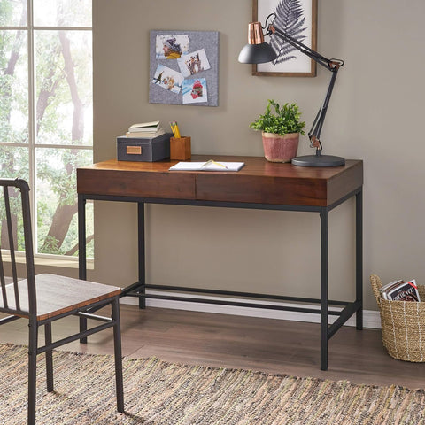 Ebany Industrial Acacia Wood Storage Desk with Iron Accents, Dark Oak / Rustic Metal