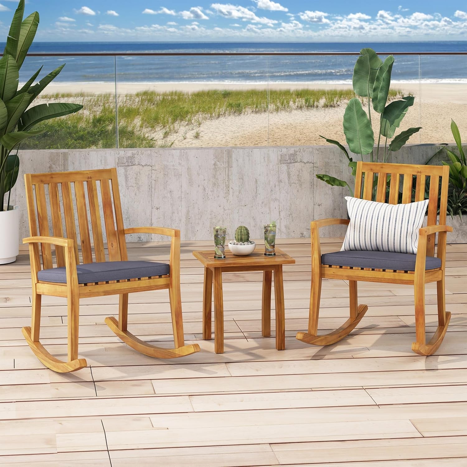 Montrose Outdoor Acacia Wood Rocking Chair Chat Set with Accent Table and Water-Resistant Cushions, 24.75 "W X 36.5 "D X 35.75 "H, Teak + Dark Gray