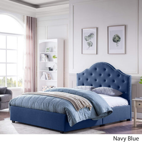 Gentry Queen-Size Bed Frame Fully-Upholstered Button-Tufted Navy Blue