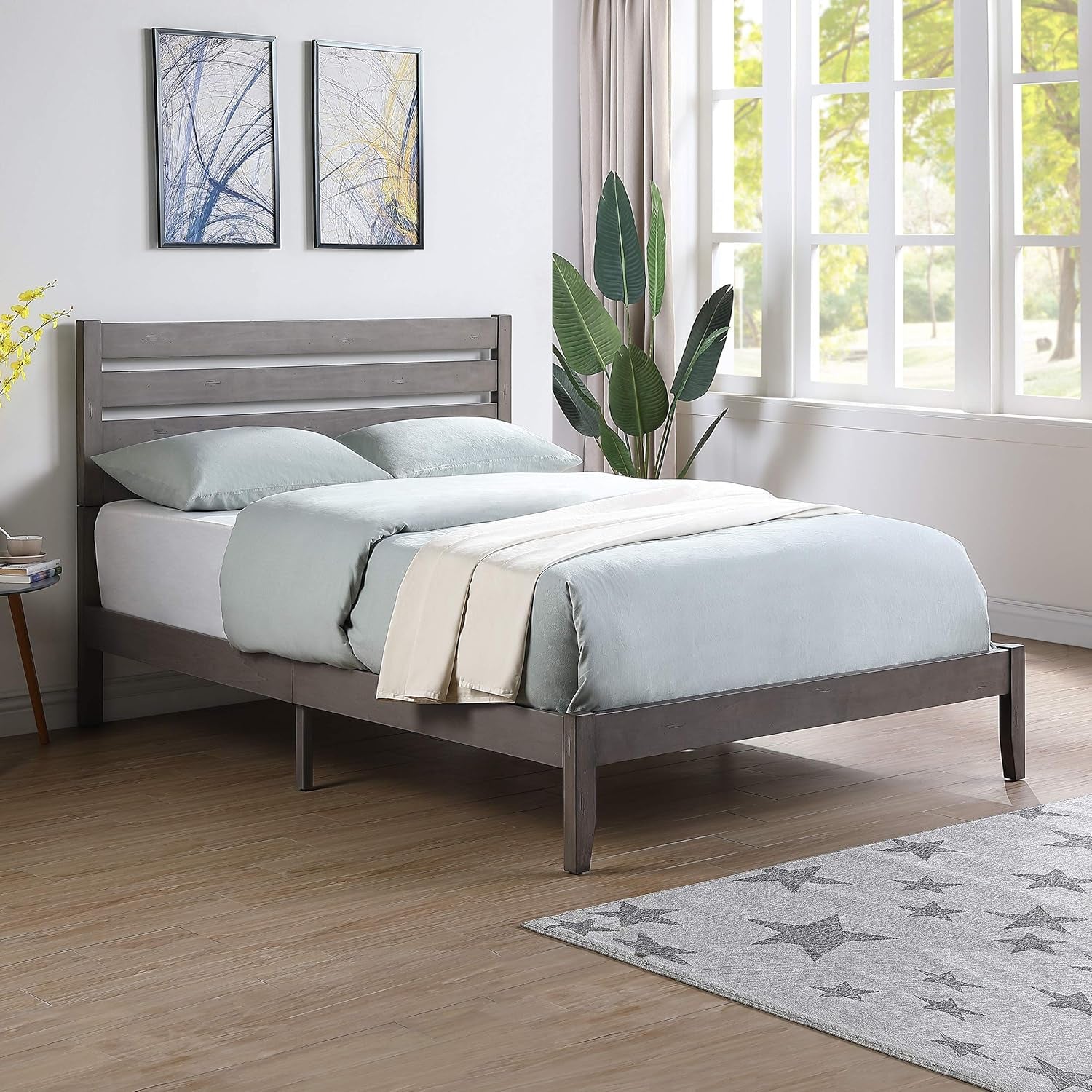 Queen Size Bed with Headboard, Natural and Gray Finish