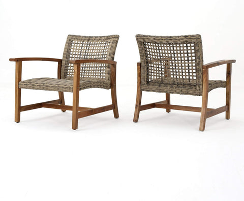 Hampton Outdoor Mid-Century Wicker Club Chairs with Acacia Wood Frame, 2-Pcs Set, Natural Stained / Grey