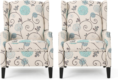 Ellyn Fabric Recliner (Set of 2), Light Beige with Blue Floral, Dark Brown