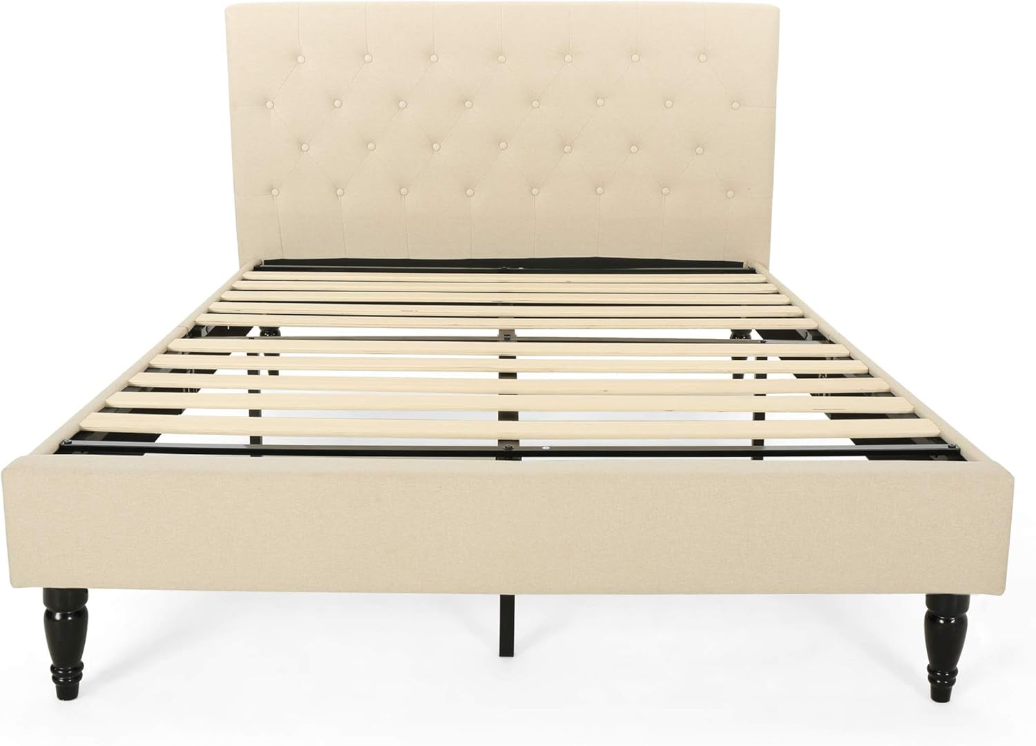 Agnes Fully-Upholstered Queen-Size Platform Bed Frame, Low-Profile, Contemporary, Beige, Dark Brown