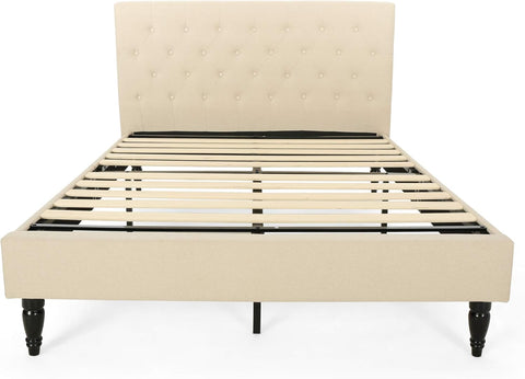 Agnes Fully-Upholstered Queen-Size Platform Bed Frame, Low-Profile, Contemporary, Beige, Dark Brown