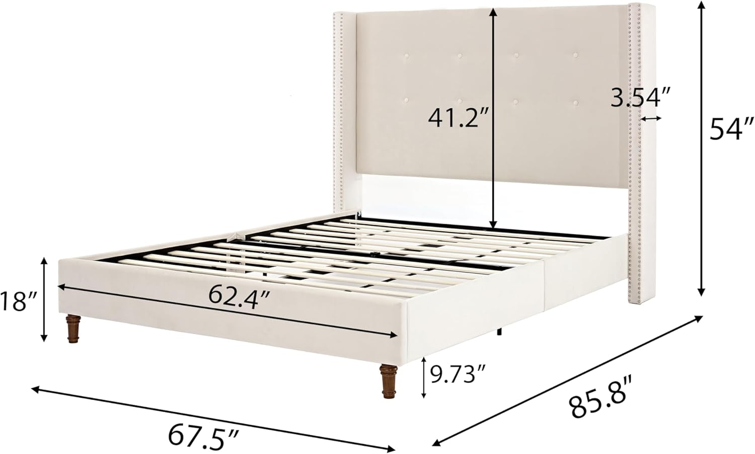 Peyton 54" High Headboard Traditional Hand Buttoned Tufting Nailhead Trim Wingback Upholstered Queen Bed, No Box Spring Needed, Ivory Velvet