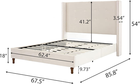Peyton 54" High Headboard Traditional Hand Buttoned Tufting Nailhead Trim Wingback Upholstered Queen Bed, No Box Spring Needed, Ivory Velvet