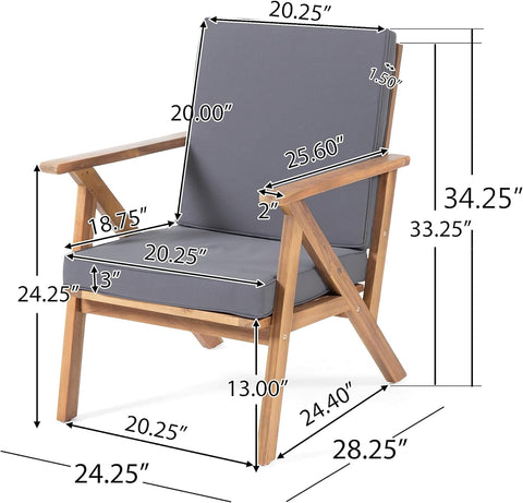 Panama Outdoor Acacia Wood Chat Set with Water Resistant Cushions, 4-Pcs Set, Teak Finish / Grey