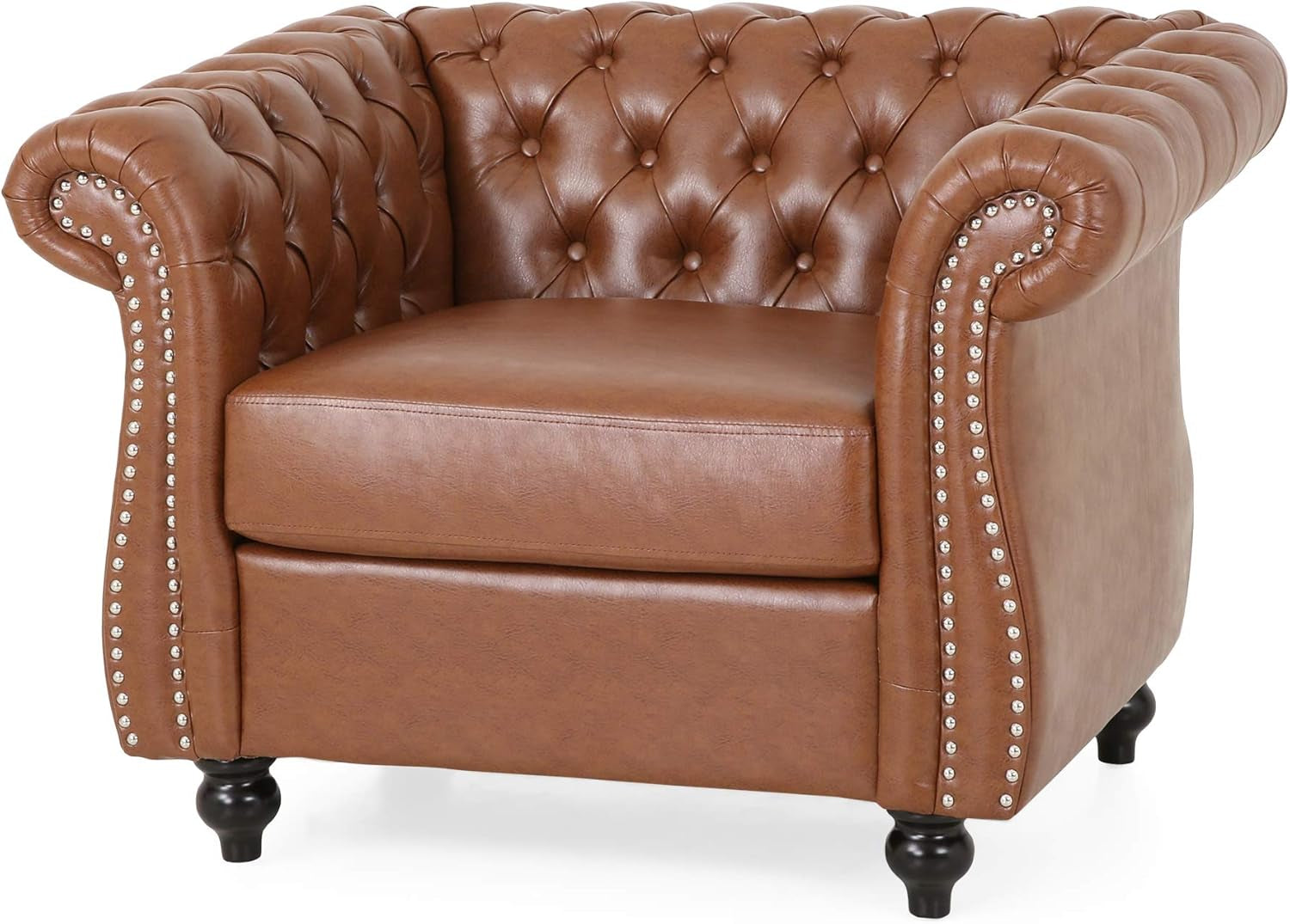 Stephanie Traditional Chesterfield 4 Piece Living Room Set, Cognac Brown, Dark Brown