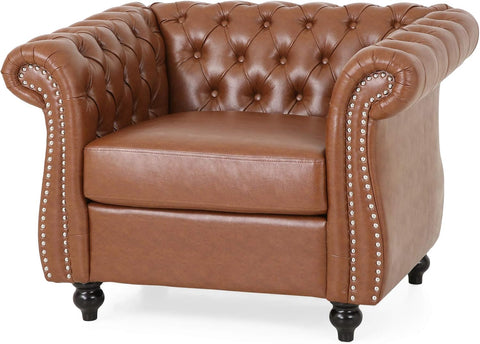 Stephanie Traditional Chesterfield 4 Piece Living Room Set, Cognac Brown, Dark Brown
