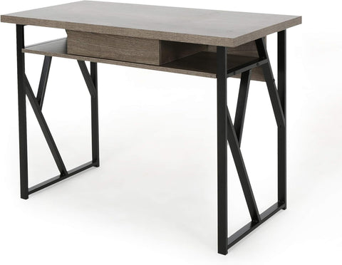 Janet Modern Faux Wood Writing Desk, Dark Gray, Black