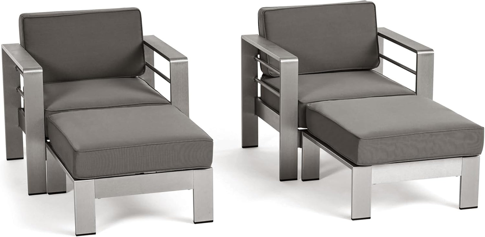 Cape Coral Outdoor Aluminum 2-Seater Club Chair Chat Set with Ottomans, 32.00 "W X 27.5 "D X 24.6 "H, Khaki + Silver