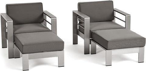 Cape Coral Outdoor Aluminum 2-Seater Club Chair Chat Set with Ottomans, 32.00 "W X 27.5 "D X 24.6 "H, Khaki + Silver