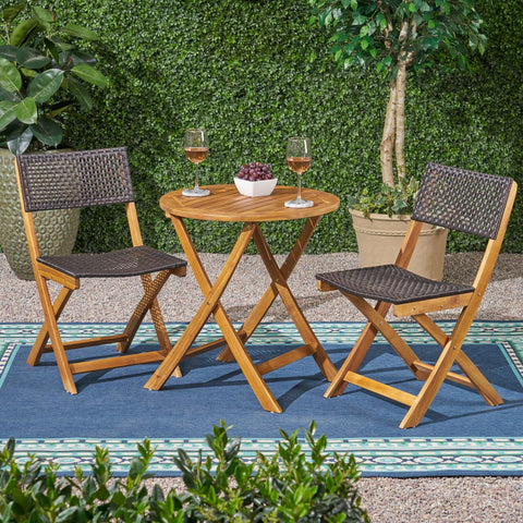 Brooke Outdoor Acacia Wood and Wicker 3 Piece Folding Bistro Set, Teak and Brown