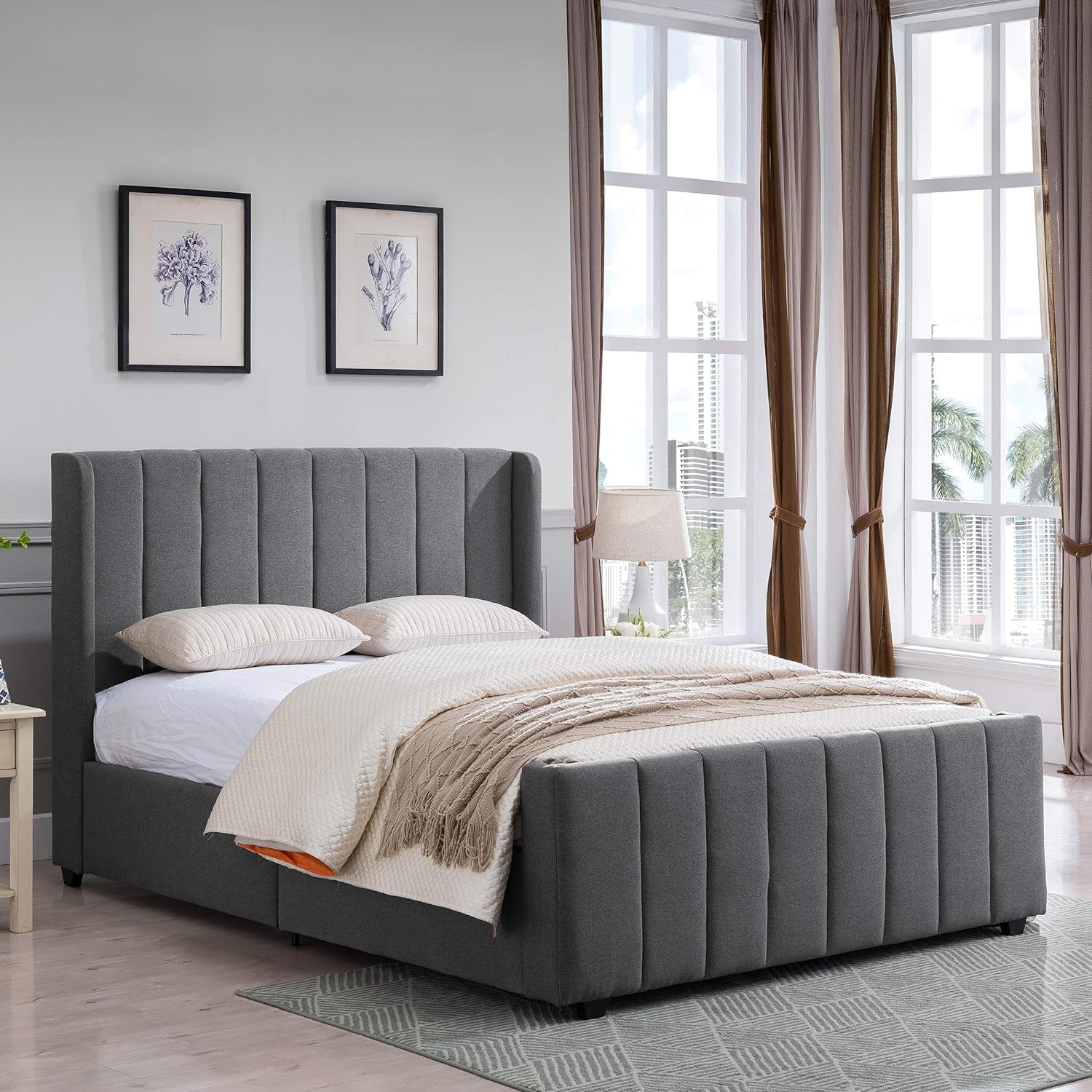 Riley Fully-Upholstered Bed Frame-Queen-Size-Traditional, Charcoal Gray Black