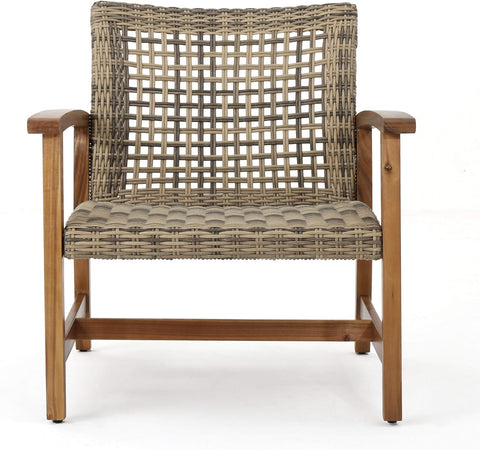 Hampton Outdoor Mid-Century Wicker Club Chairs with Acacia Wood Frame, 2-Pcs Set, Natural Stained / Grey