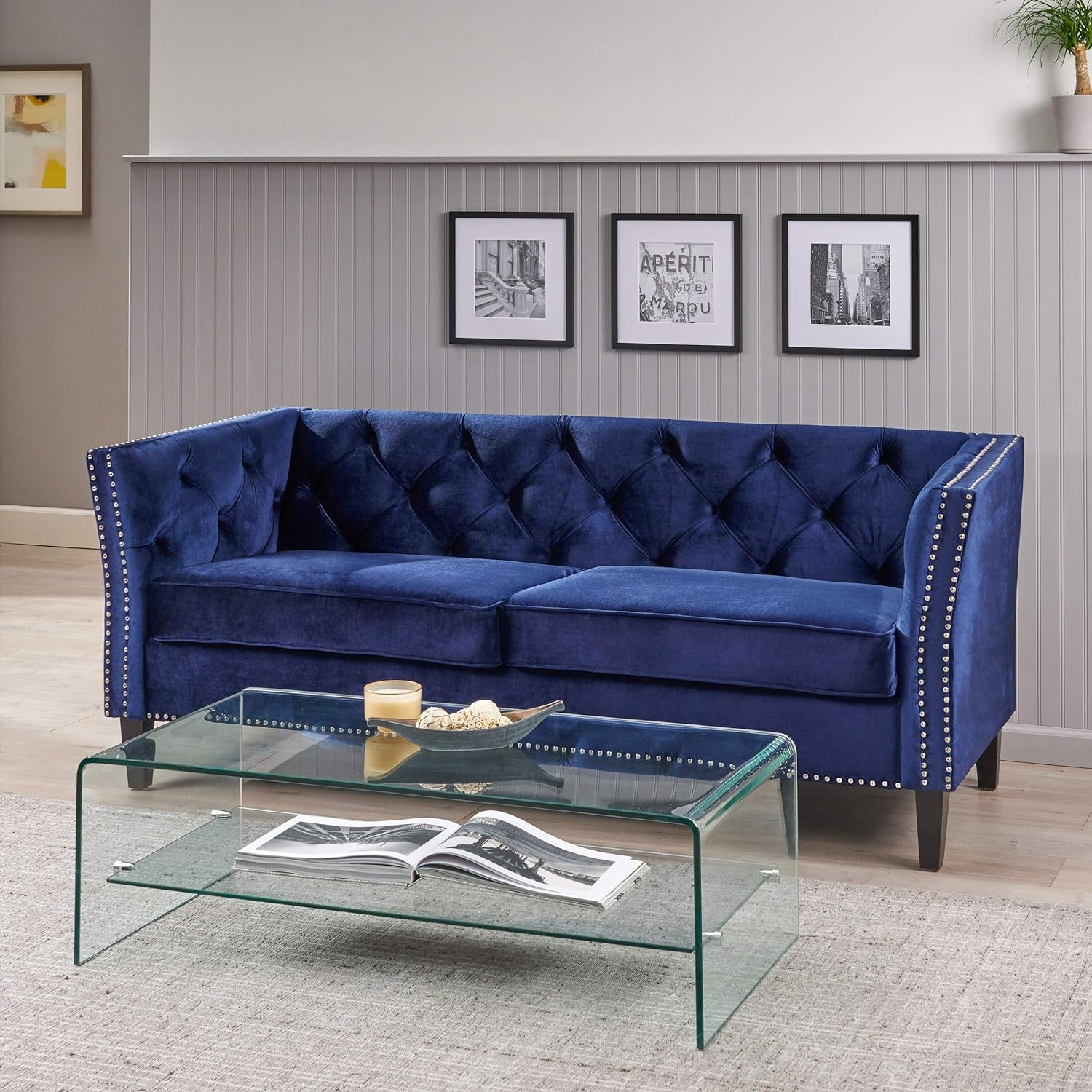 Sunny Velvet 3 Seater Sofa, Midnight Blue, Dark Brown