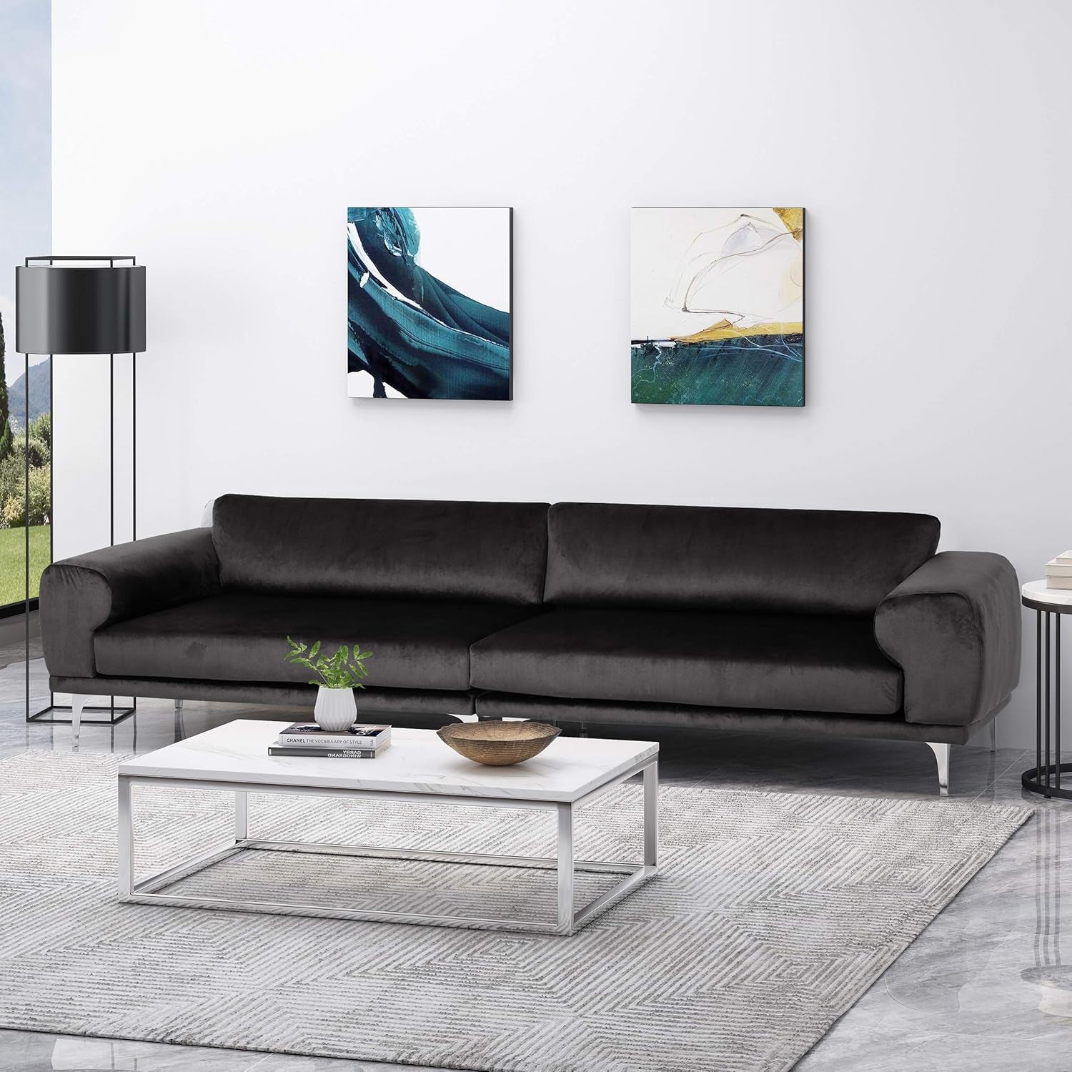 Victoria Modern Glam 4 Seater Velvet Sofa, Black, Silver