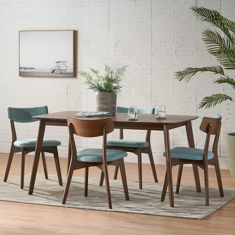 Megann Mid-Century Wood Dining Set with Fabric Chairs, 5-Pcs Set, Natural Walnut / Mint