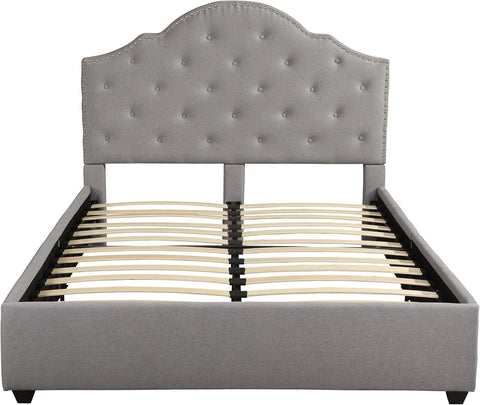 Gentry Queen-Size Bed Frame Fully-Upholstered Button-Tufted Light Gray