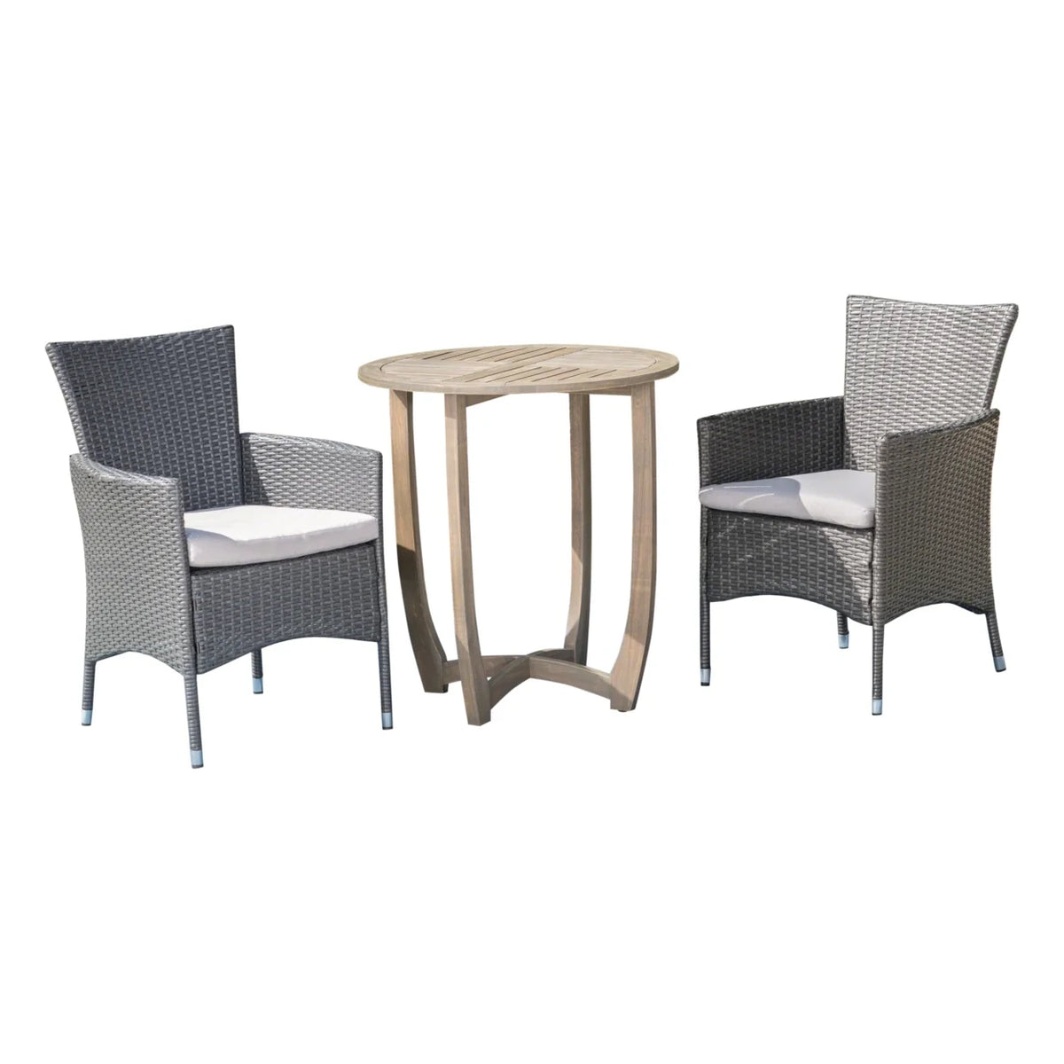 Brantly Outdoor Acacia Wood and Wicker 3 Piece Bistro Set with Cushions, Gray and Light Gray